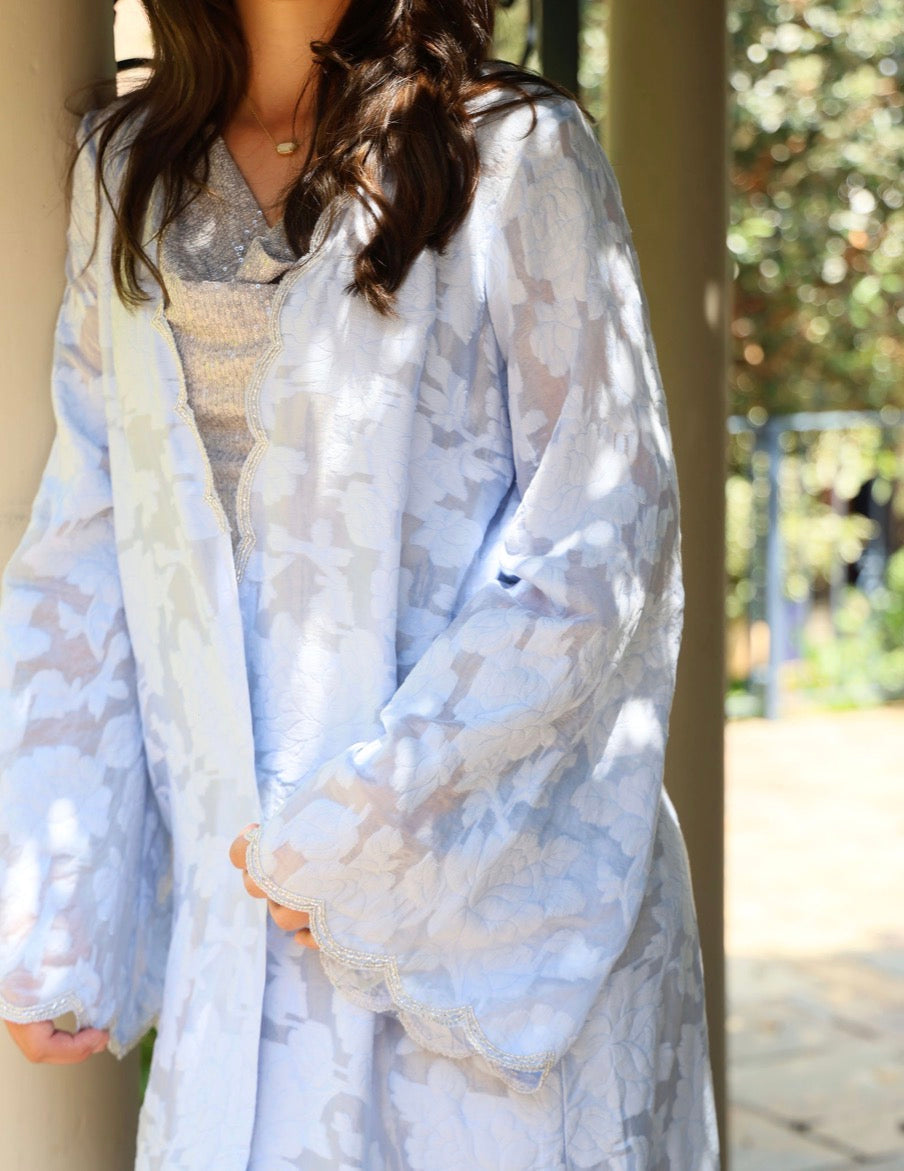 Blue Embossed Organza Abaya